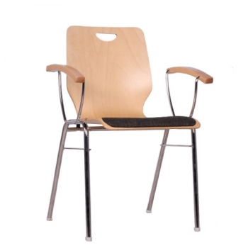 Holzschalenstühle stapelbar mit Armlehne und Sitzpolster auf der Holzschale.
