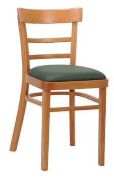 Holzstühle für die Gastronomie mit Sitzpolster und solidem Bezug aus Kunstleder oder Stoff.