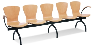 Traversenbank mit Armlehnen, 5 Holzsitzschalen vom Typ BT100