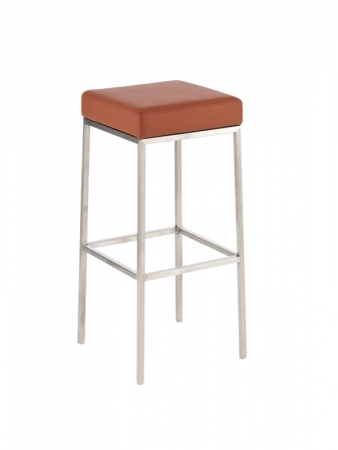 Barhocker mit gebürstetem Edelstahlgestell, Sitzpolster cognac